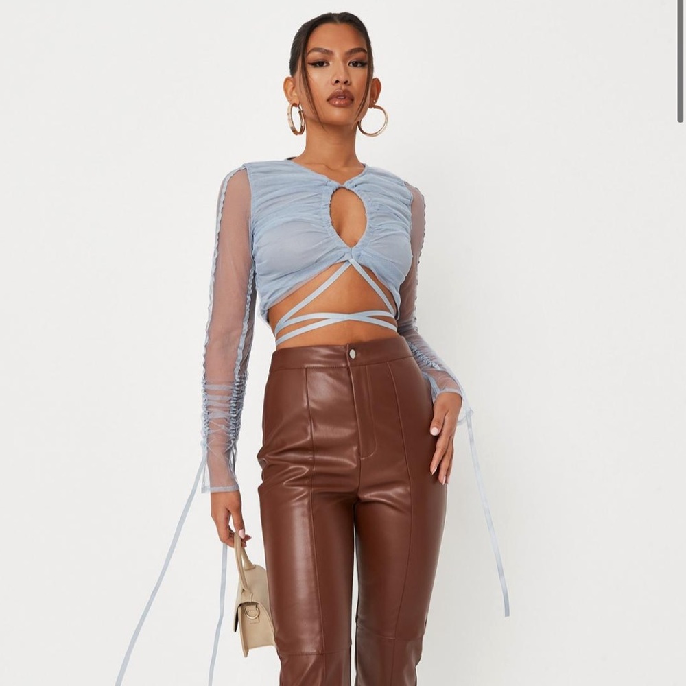 blue mesh ruched crop top